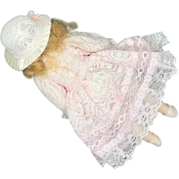 Porcelain Girl Doll in Blush Pink Lace Dress with Sunburst Hat - Picture 11 of 11